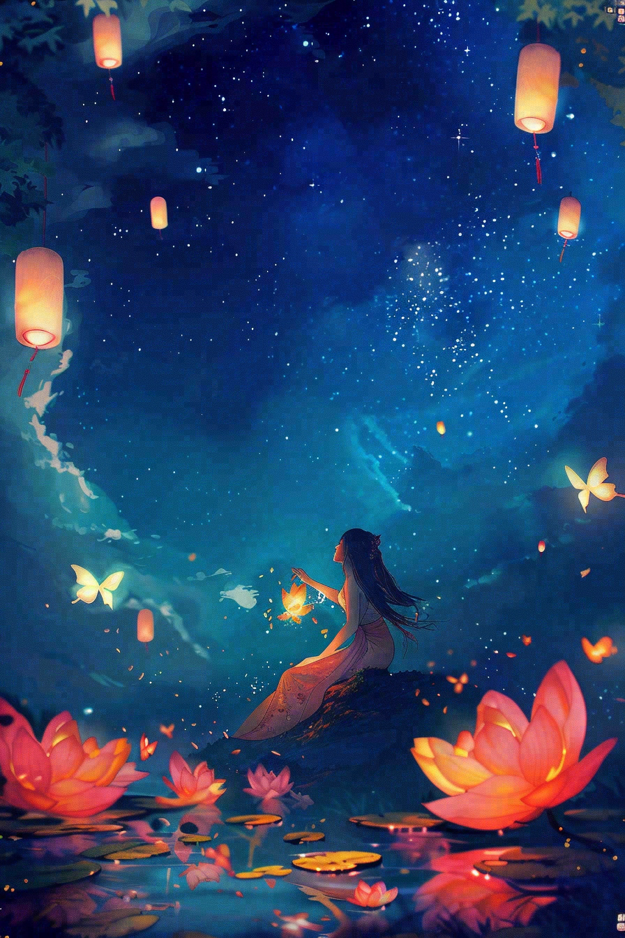 夜晚点灯孔明灯祈福中元节寒衣节插画背景