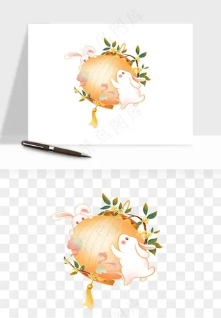 中秋月饼玉兔国潮插画png免抠