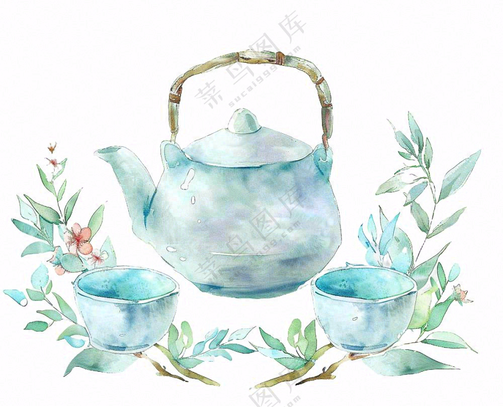 水彩茶壶茶杯插画免抠