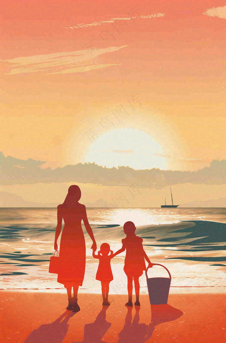 夕阳晚霞下的海洋沙滩亲子散步母亲节插画背景