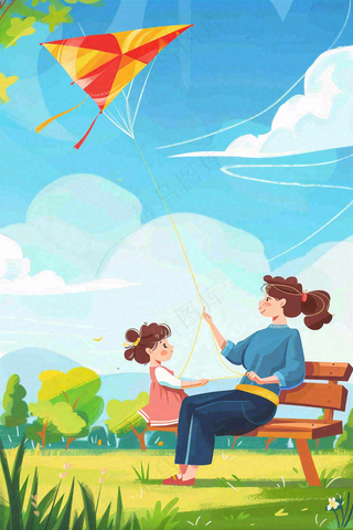 母亲节妈妈陪伴着孩子外出插画背景