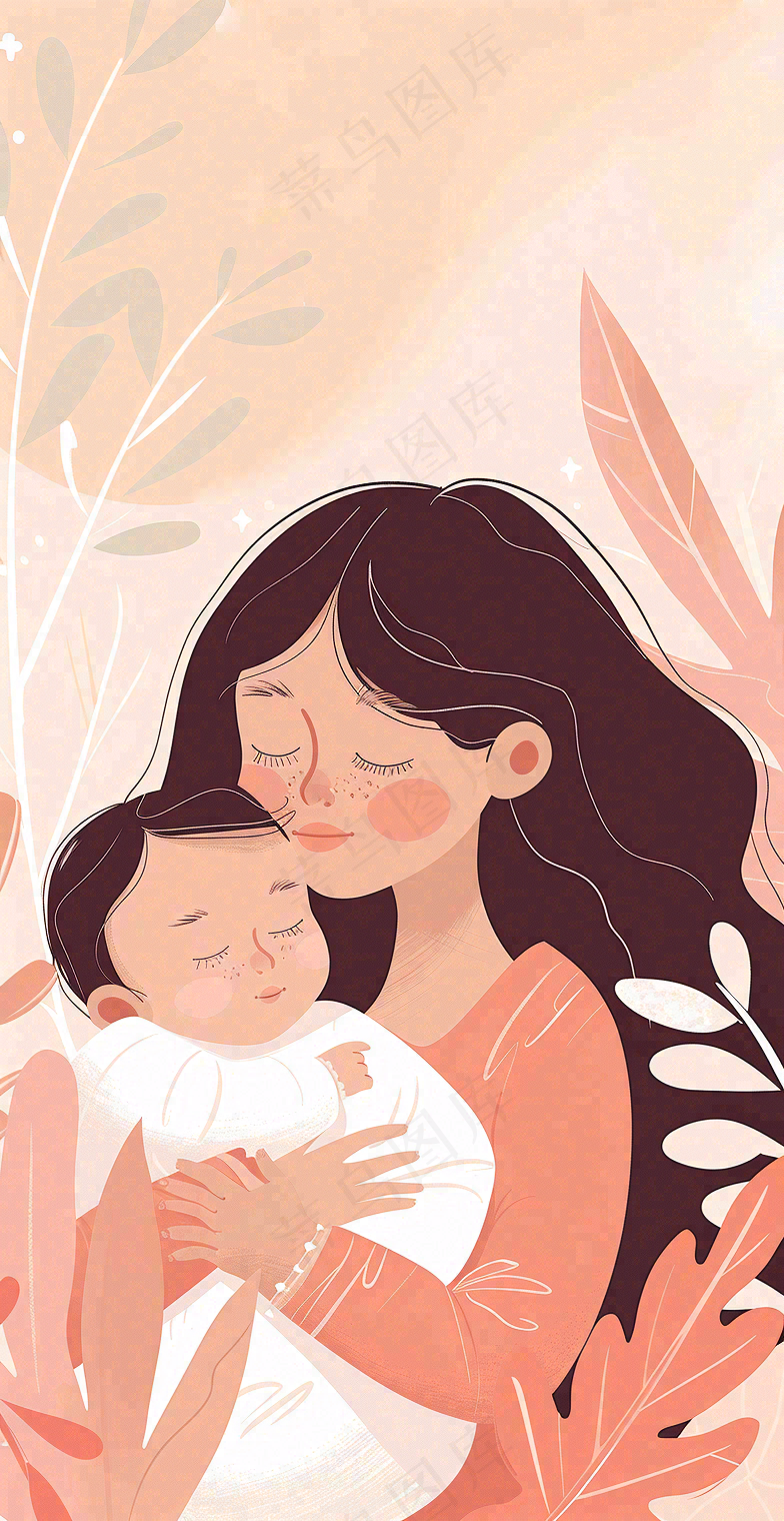 母亲节妈妈亲情抱着孩子鲜花光辉插画背景