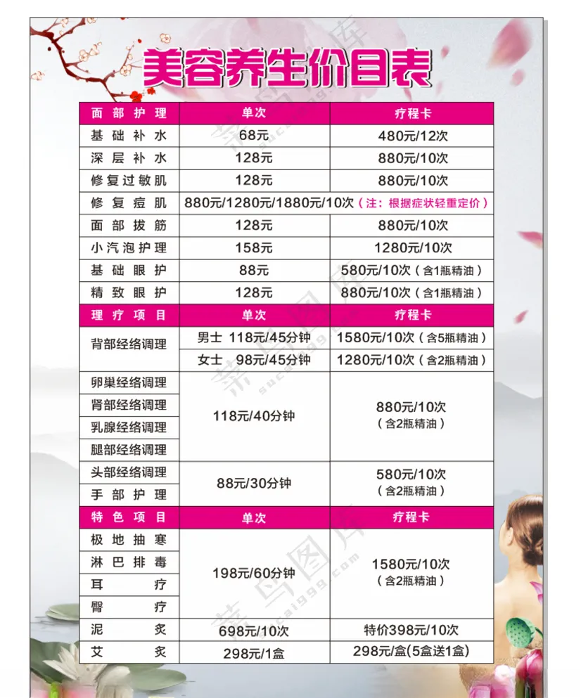美容养生面部护理价目表卵巢经络调理艾炙