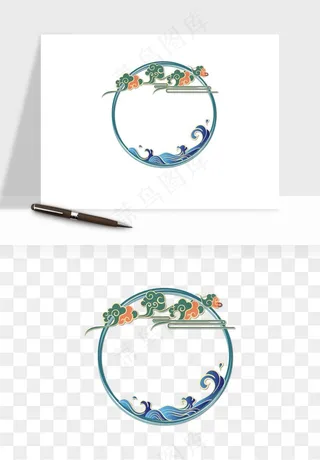 国潮风祥云浪花圆形矩形边框png免抠