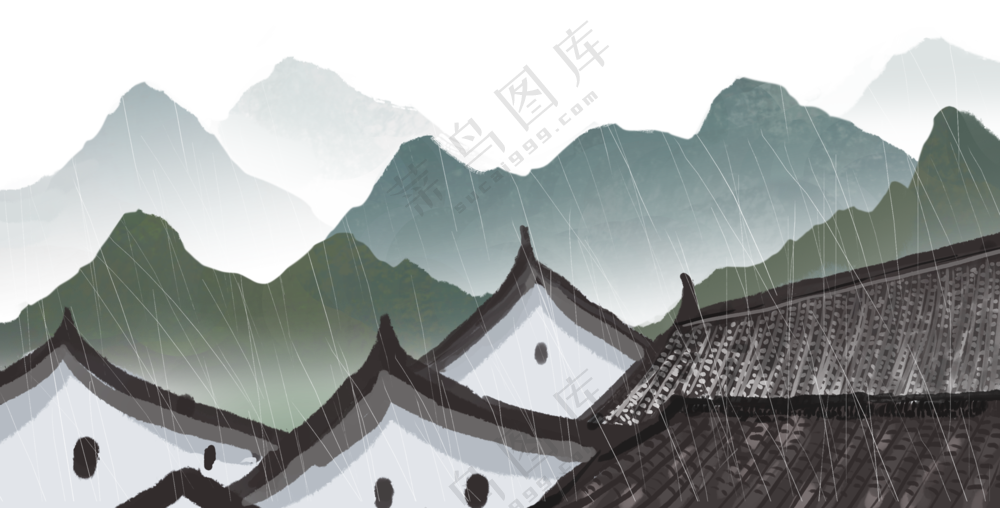 江南烟雨中的大山房屋PNG图片素材