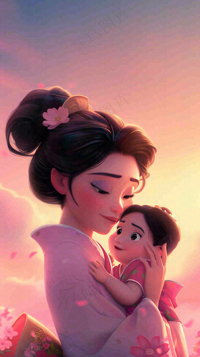 母亲节妈妈亲情抱着孩子鲜花光辉插画背景