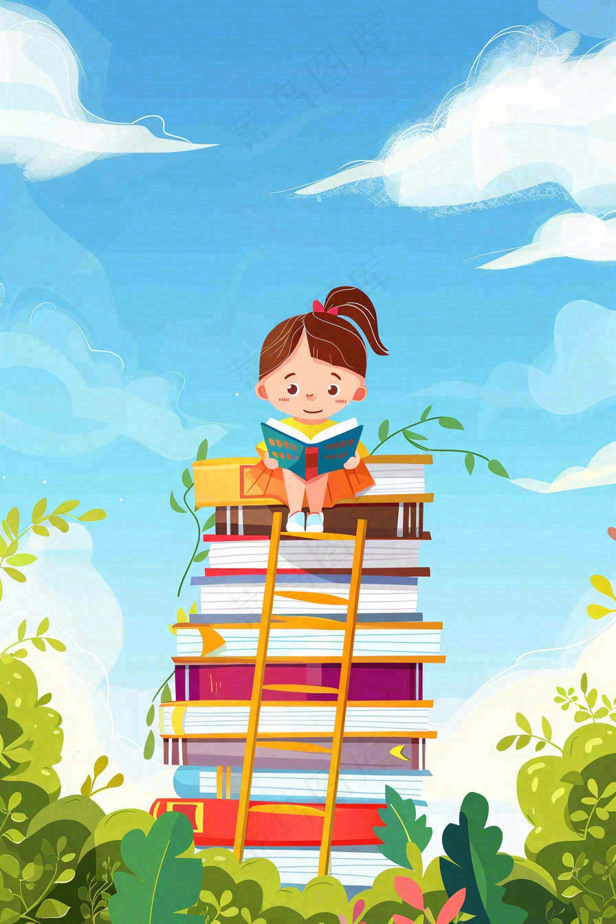 坐着书本课本堆砌上学习的学生孩子创意世界读书日卡通插画背景