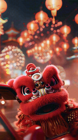 新年舞狮舞龙热闹街区红色喜庆节日小年除夕夜春节背景