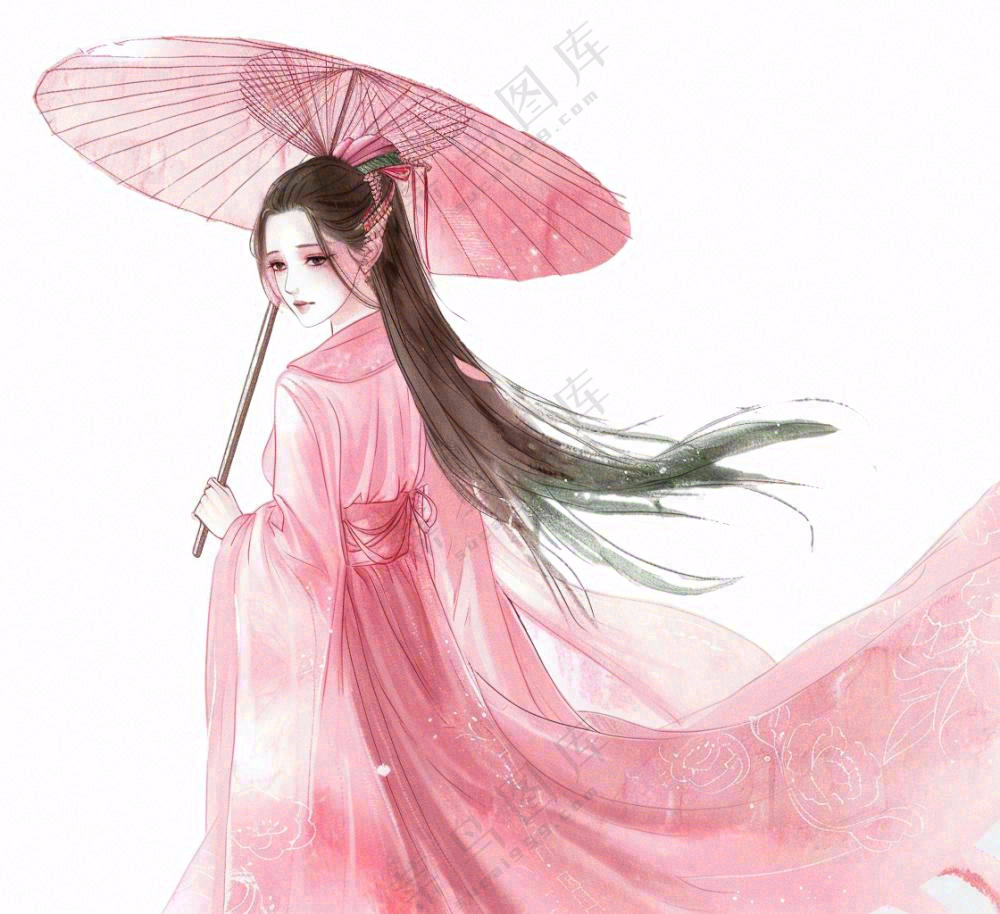 穿着粉色裙子的古风少女打伞纸伞人物插画免抠