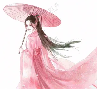 穿着粉色裙子的古风少女打伞纸伞人物插画免抠