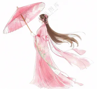 穿着粉色裙子的古风少女打伞纸伞人物插画免抠