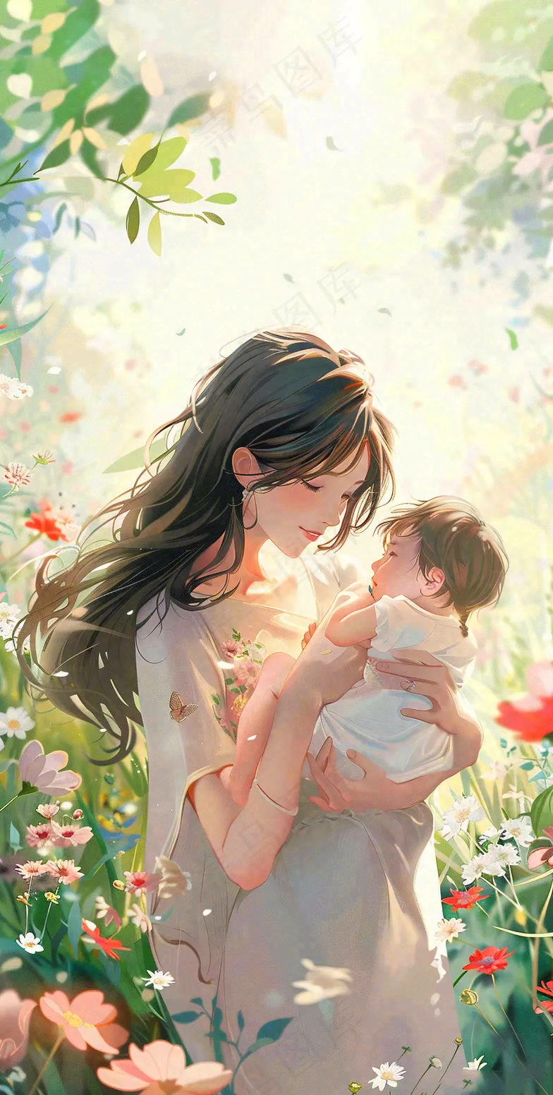 母亲节妈妈亲情抱着孩子鲜花光辉插画背景