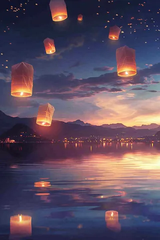 夜晚点灯孔明灯祈福中元节寒衣节插画背景