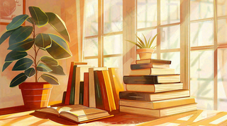 世界读书日窗前书桌书本绿植卡通插画背景