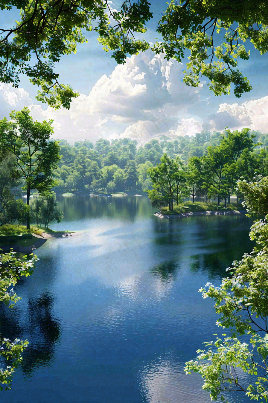 夏天晴天湖泊森林倒影摄影图