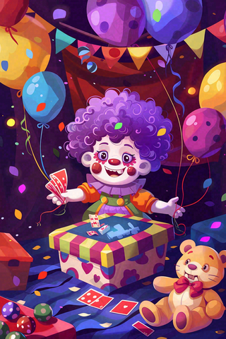 马戏团小丑表演开心紫色卡通搞怪愚人节插画背景