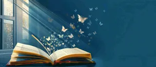阅读书本翻开蝴蝶纷飞阳光透过窗户知识遨游世界读书日创意卡通插画背景