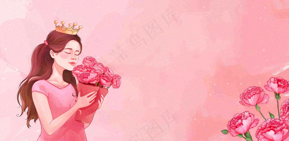 粉色女生节女王女神节妇女节鲜花花束唯美插画背景