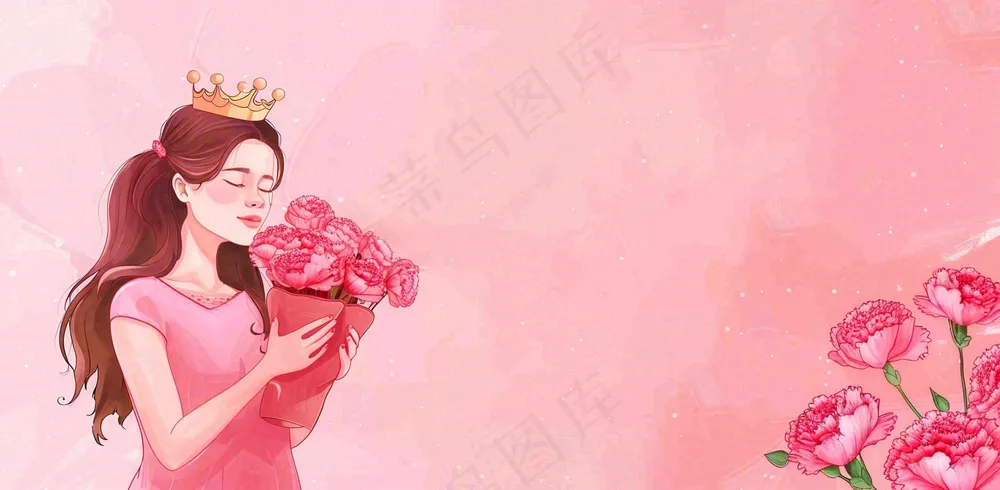 粉色女生节女王女神节妇女节鲜花花束唯美插画背景