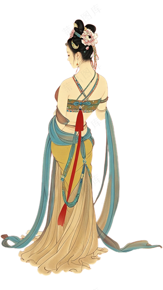 免抠中国风国画工笔画舞蹈人物背影