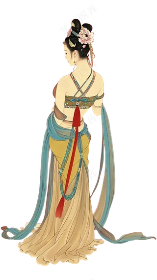 免抠中国风国画工笔画舞蹈人物背影