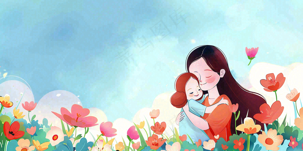 母亲节妈妈亲情抱着孩子鲜花光辉插画背景