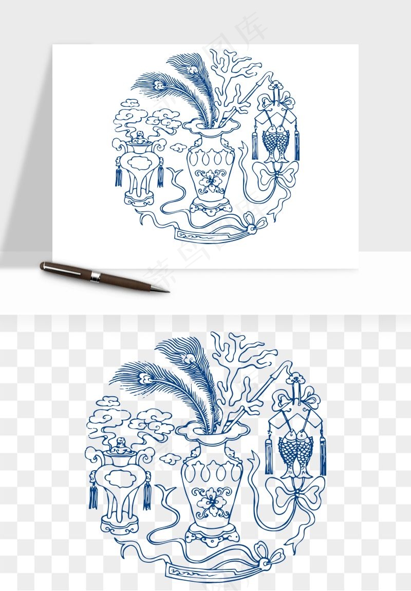 青花瓷花纹花卉图案png免抠