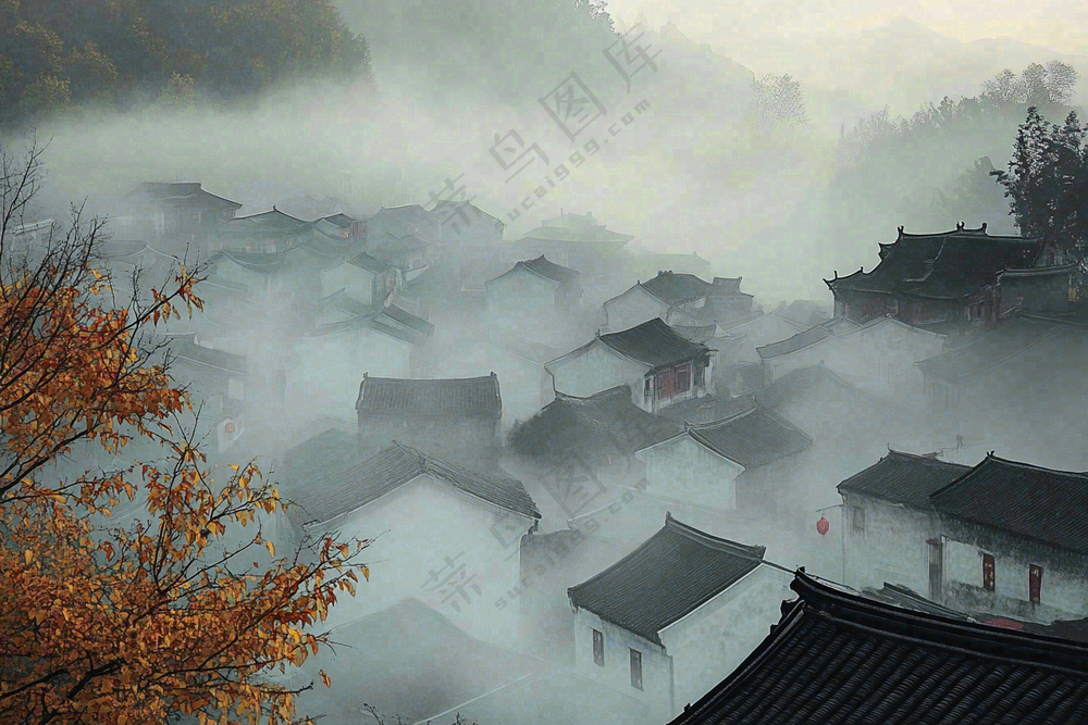 江南风景屋檐瓦舍雾村庄山林摄影图