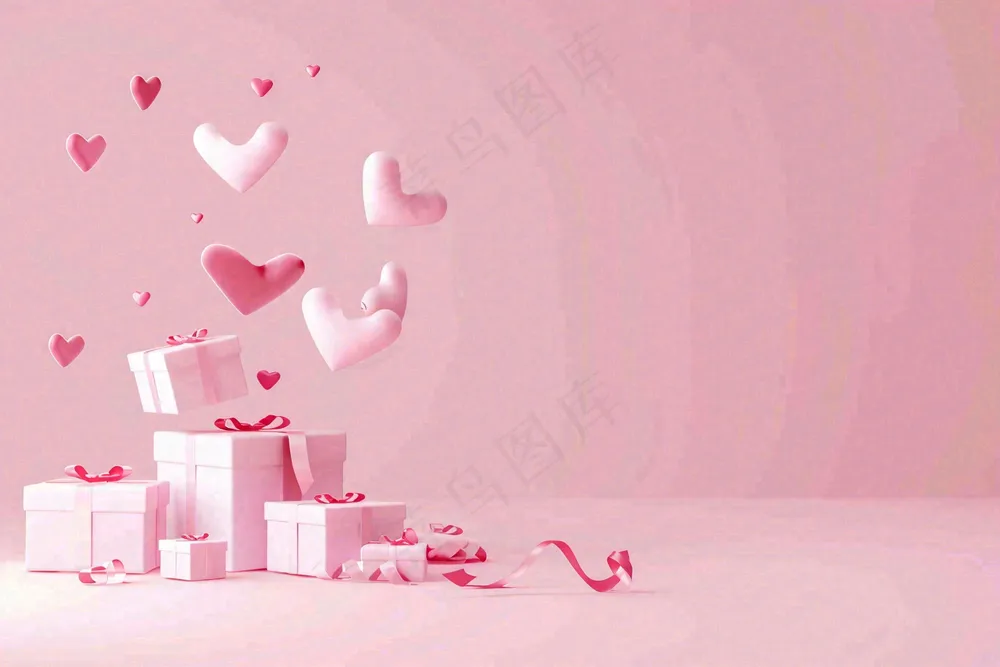 粉色爱心礼盒礼物浪漫唯美立体插画妇女节情人节七夕背景