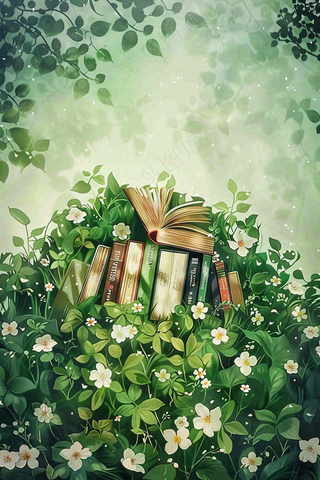 春天草丛花丛里的书本阅读插画世界读书日背景