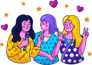  姊妹淘在一起唱歌 美式多巴胺色彩插画