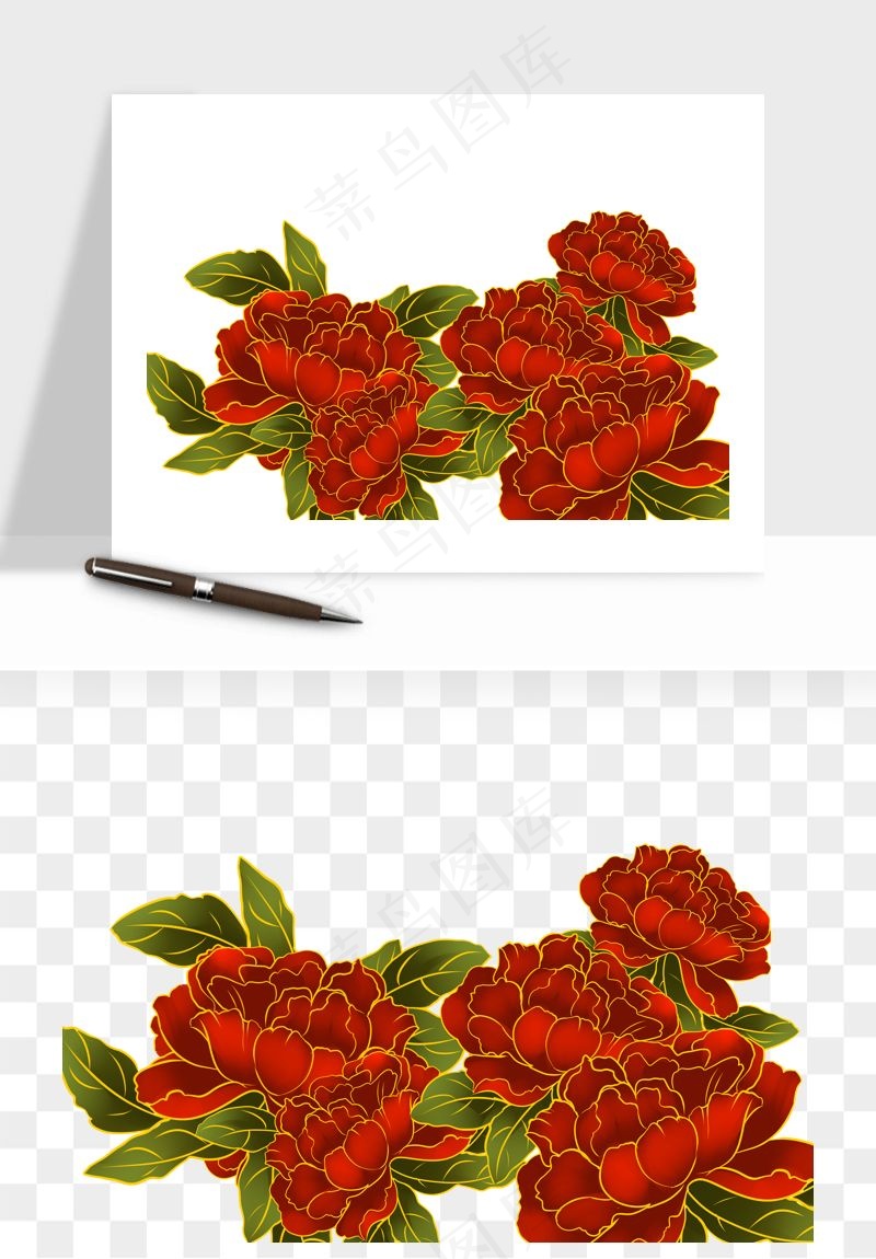 手绘国潮牡丹花花卉图案png免抠