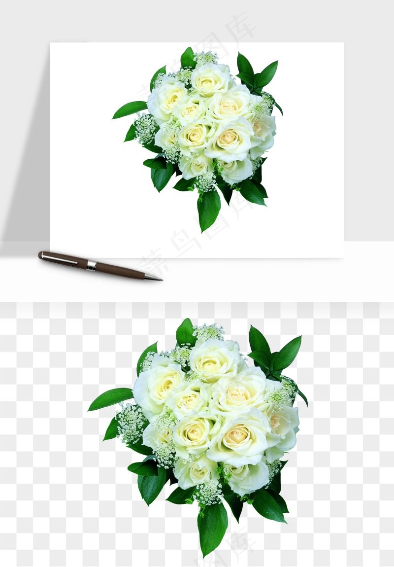 白玫瑰花枝花束png免抠