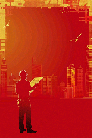 红色工地指挥工人职业人物剪影劳动节插画背景