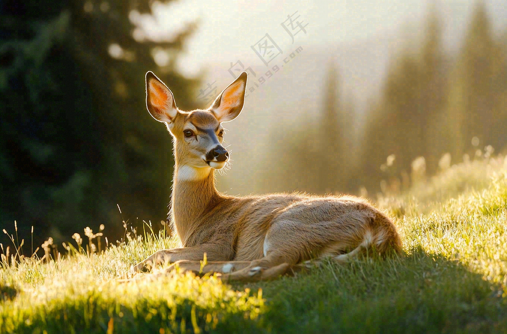 A deer resting in the grass on top of Mount Rainier, Washington, USA with trees and green meadows in the background. Soft sunlight highlights its features. Photographed by David Bradley using a Sony A