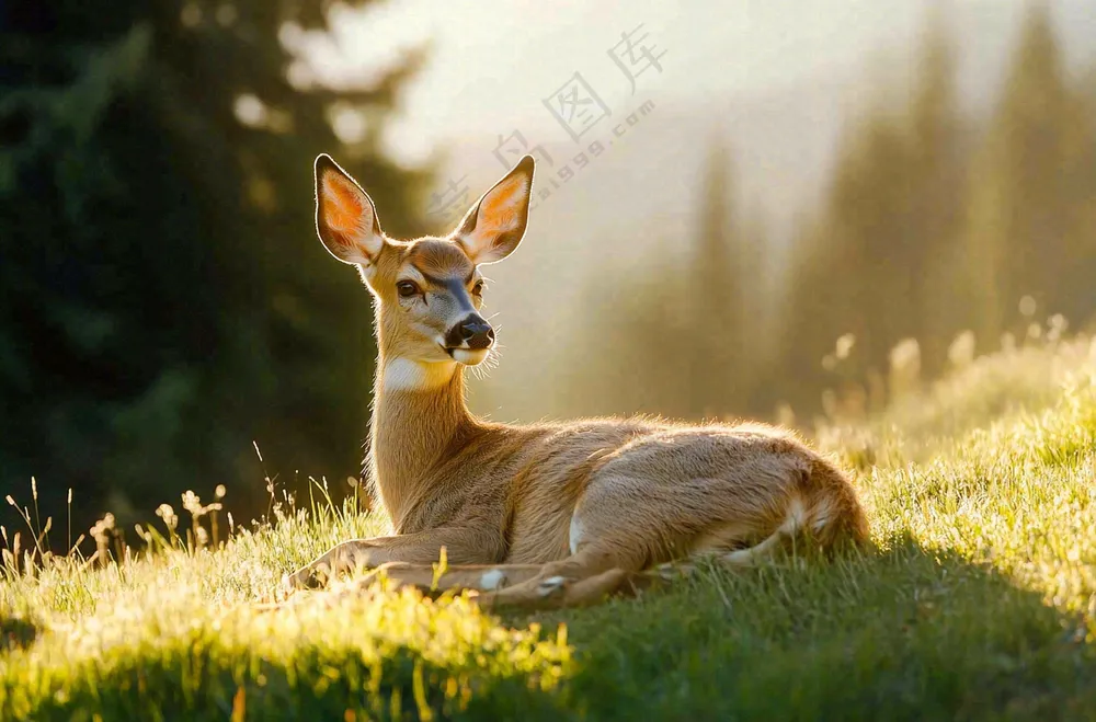 A deer resting in the grass on top of Mount Rainier, Washington, USA with trees and green meadows in the background. Soft sunlight highlights its features. Photographed by David Bradley using a Sony A