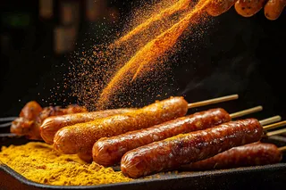 烤火腿肠煎辣椒面香辣美食小吃摄影图