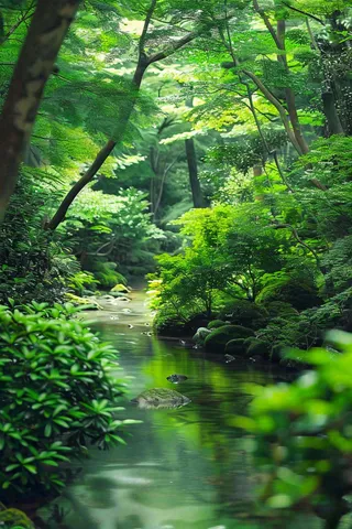 春夏森林小溪流绿意盎然植物立夏大暑处暑摄影图