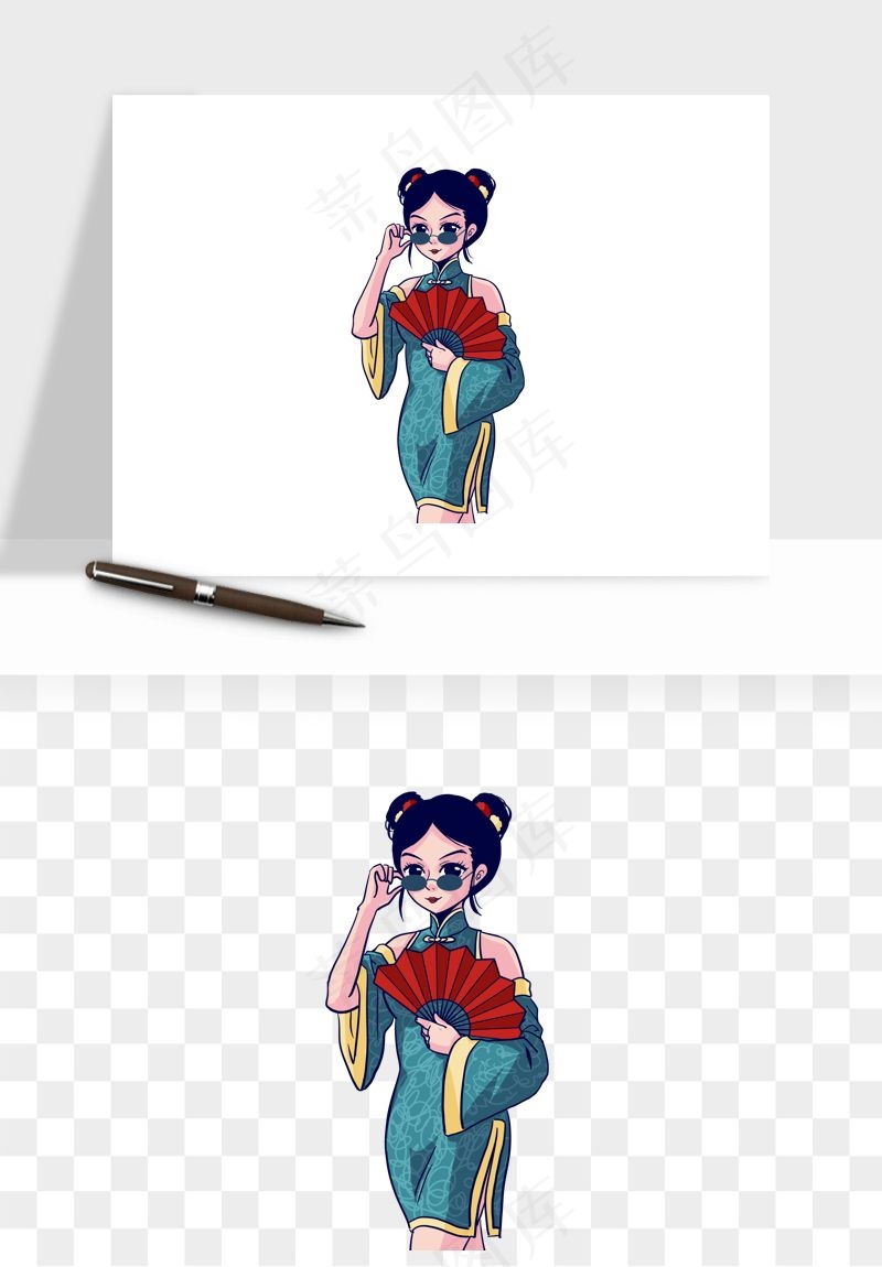 手绘国潮女性人物插画png免抠