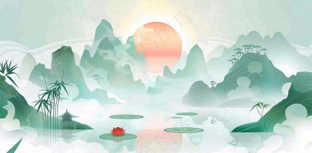 中国风插画山水竹叶青色插画清新淡雅端午节插画背景