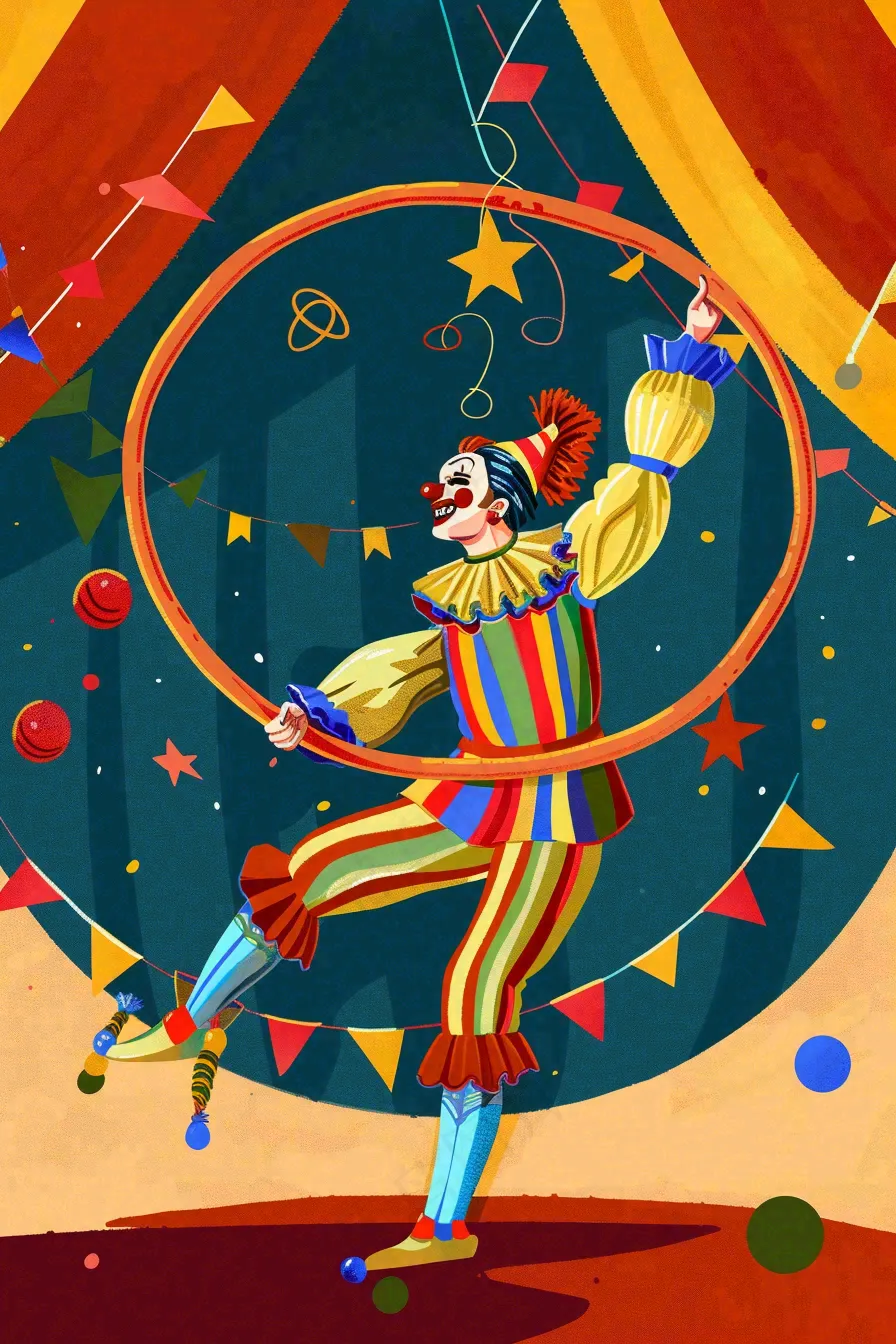 马戏团小丑表演游乐园彩带套圈愚人节卡通插画背景 