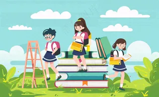 学生们在书本知识里学习阅读遨游阶梯世界读书日卡通插画背景