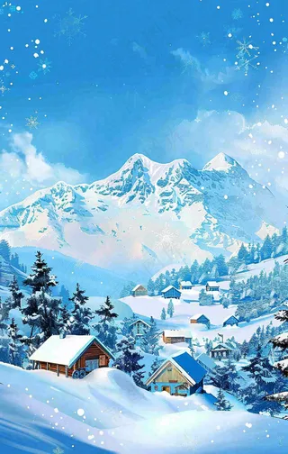 冬季大雪纷飞雪山脚下的城镇村庄小雪大雪大寒背景