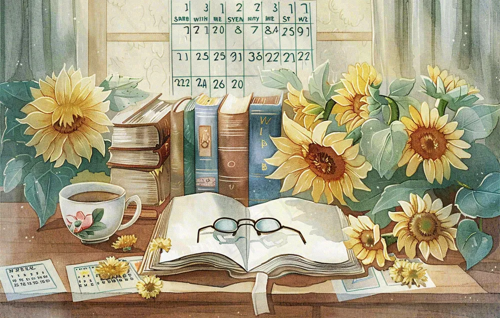 教师节办公桌向日葵备课老师水彩插画背景