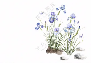 水渠石头旁紫色兰花生长蝴蝶水墨画插画免抠