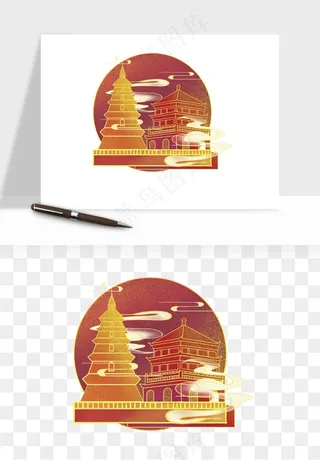 国潮城市地标山水建筑png免抠