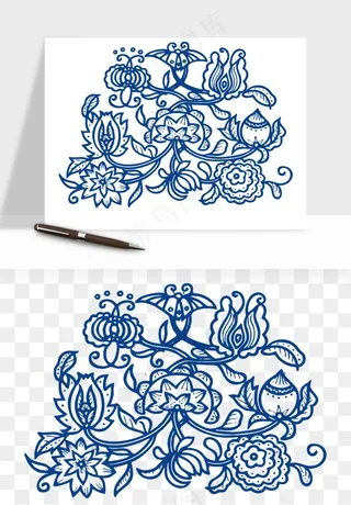 青花瓷花纹花卉图案png免抠