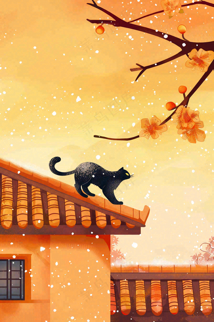 屋檐上的猫咪屋墙萧瑟霜降插画背景