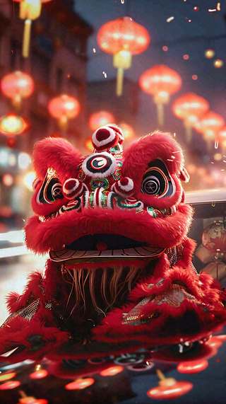 新年舞狮舞龙热闹街区红色喜庆节日小年除夕夜春节背景