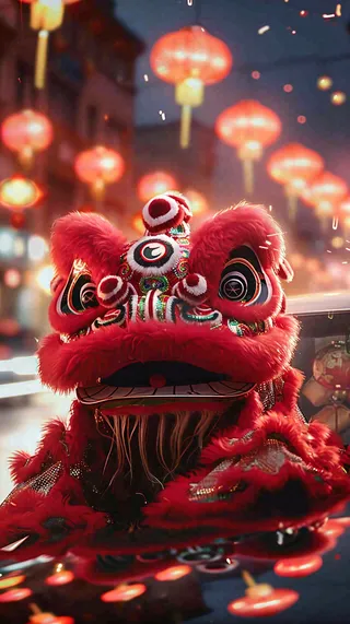 新年舞狮舞龙热闹街区红色喜庆节日小年除夕夜春节背景